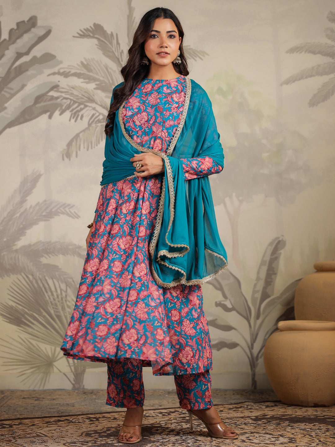 Janasya Teal Weightless Georgette Floral Kurta,Bottom & Dupatta