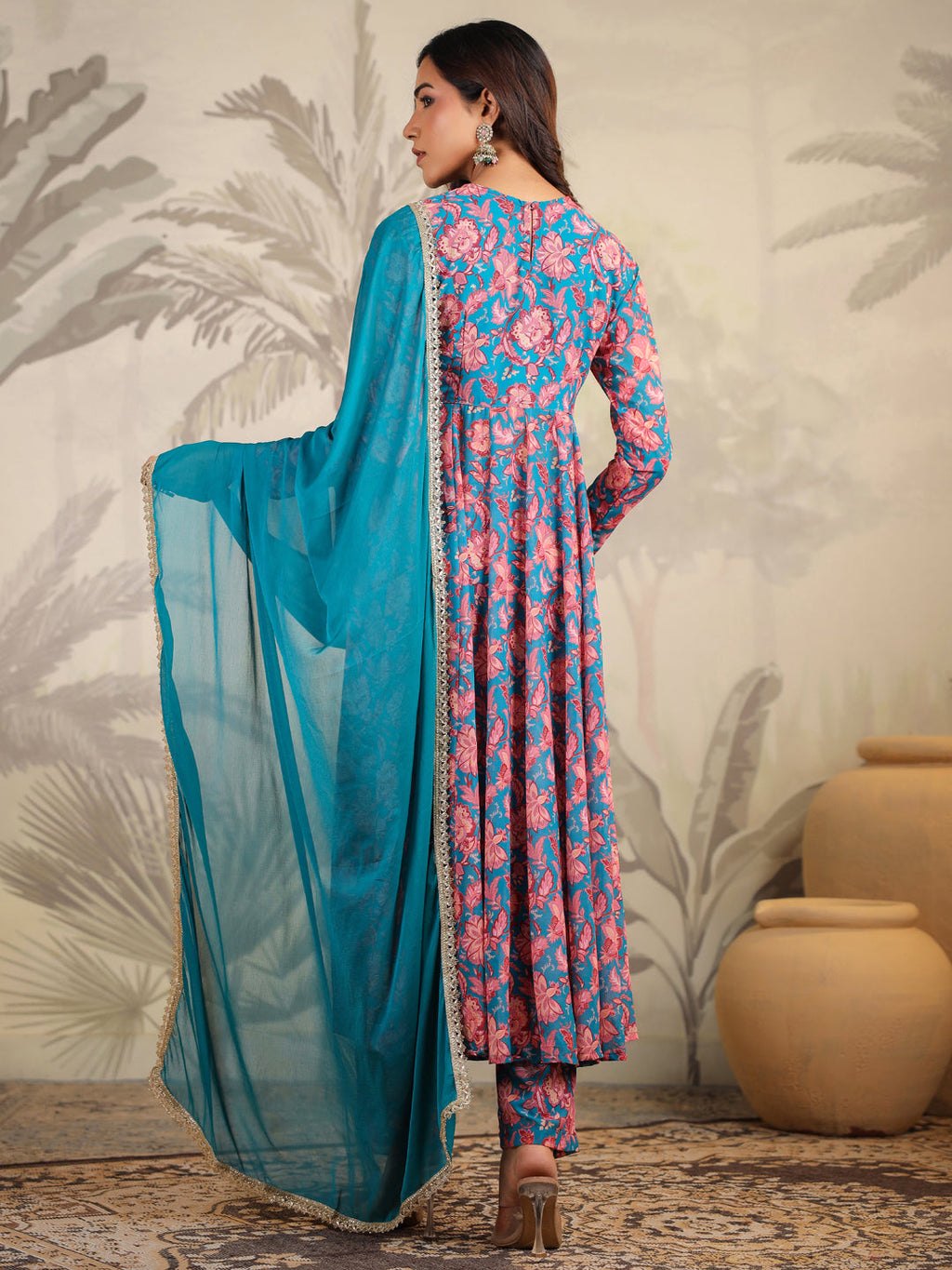 Janasya Teal Weightless Georgette Floral Kurta,Bottom & Dupatta
