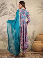 Janasya Teal Weightless Georgette Floral Kurta,Bottom & Dupatta