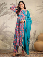 Janasya Teal Weightless Georgette Floral Kurta,Bottom & Dupatta