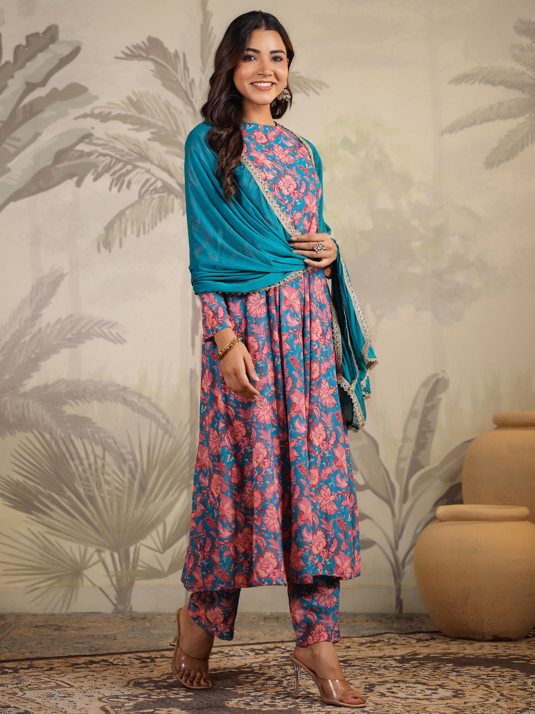 Janasya Teal Weightless Georgette Floral Kurta,Bottom & Dupatta
