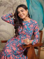 Janasya Teal Weightless Georgette Floral Kurta,Bottom & Dupatta