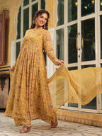 Janasya Mustard Georgette Floral Kurta,Bottom & Dupatta