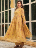 Janasya Mustard Georgette Floral Kurta,Bottom & Dupatta
