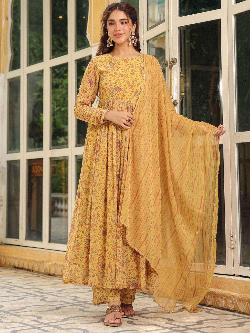 Janasya Mustard Georgette Floral Kurta,Bottom & Dupatta