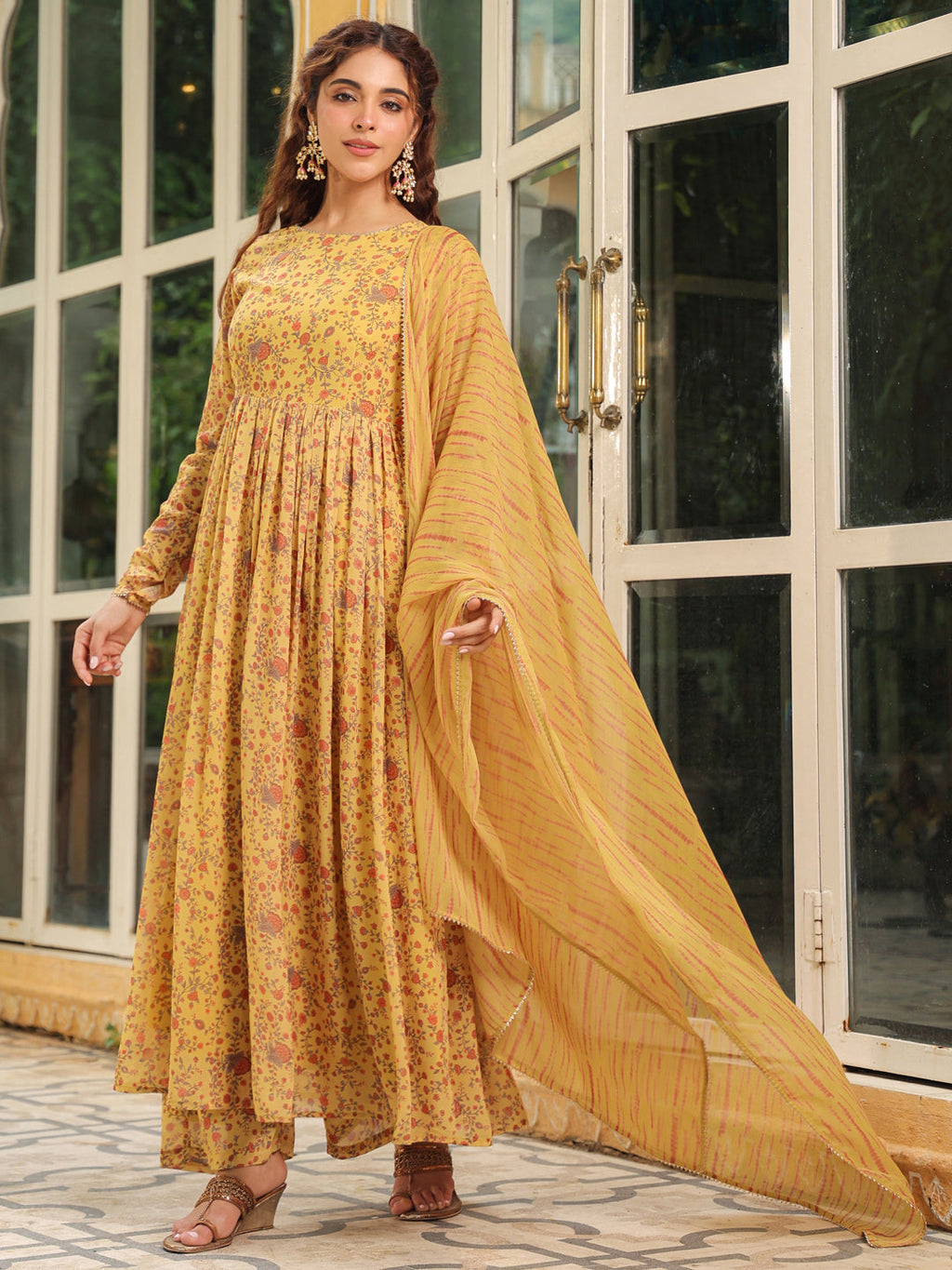 Janasya Mustard Georgette Floral Kurta,Bottom & Dupatta
