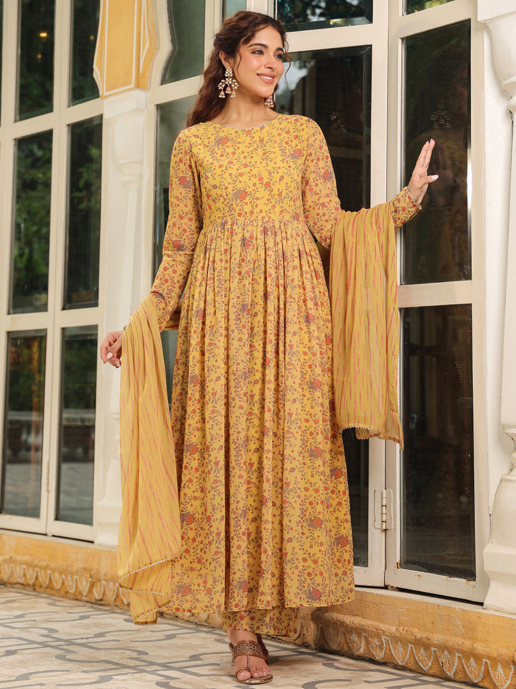 Janasya Mustard Georgette Floral Kurta,Bottom & Dupatta
