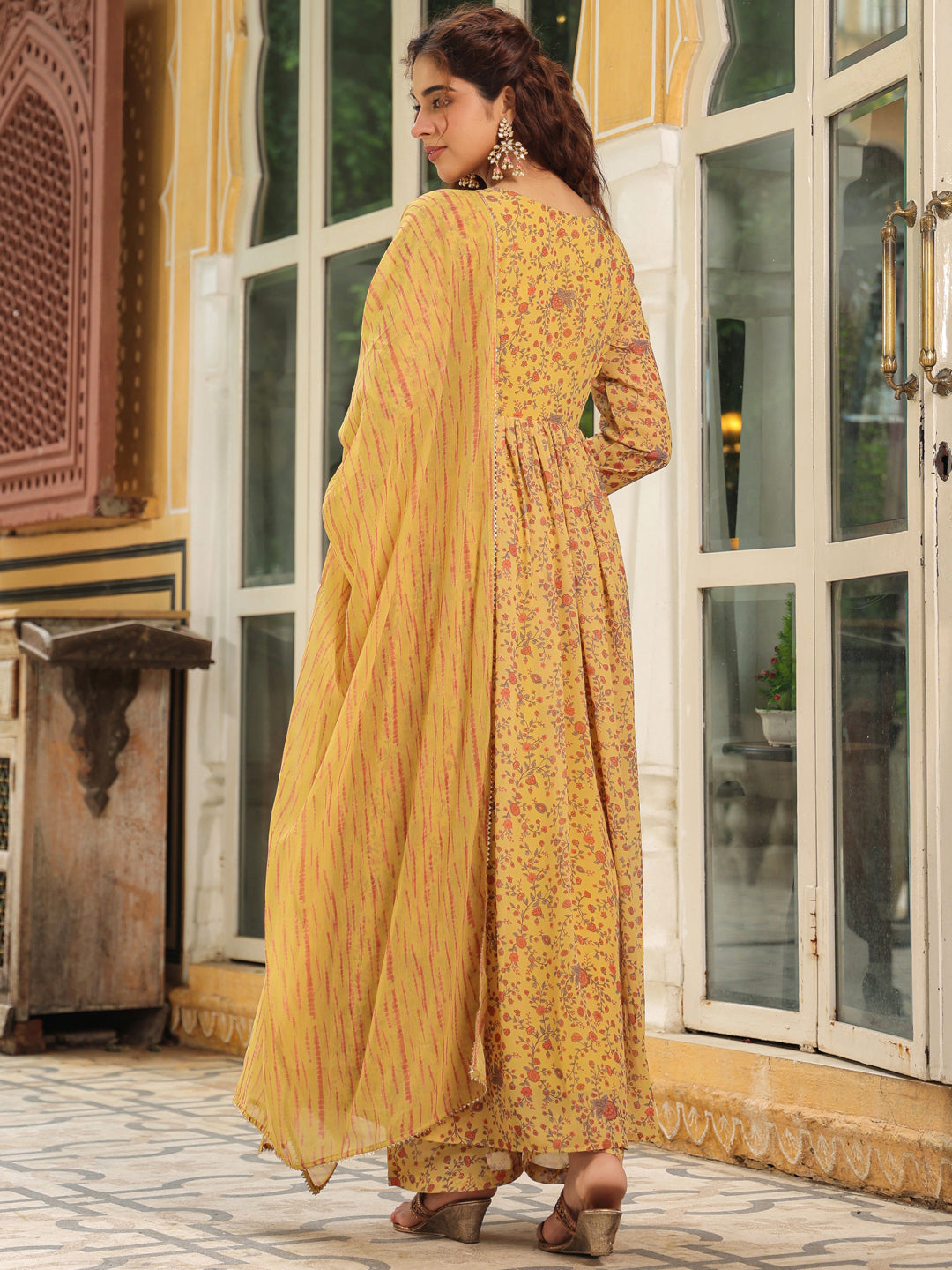 Janasya Mustard Georgette Floral Kurta,Bottom & Dupatta