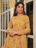 Janasya Mustard Georgette Floral Kurta,Bottom & Dupatta