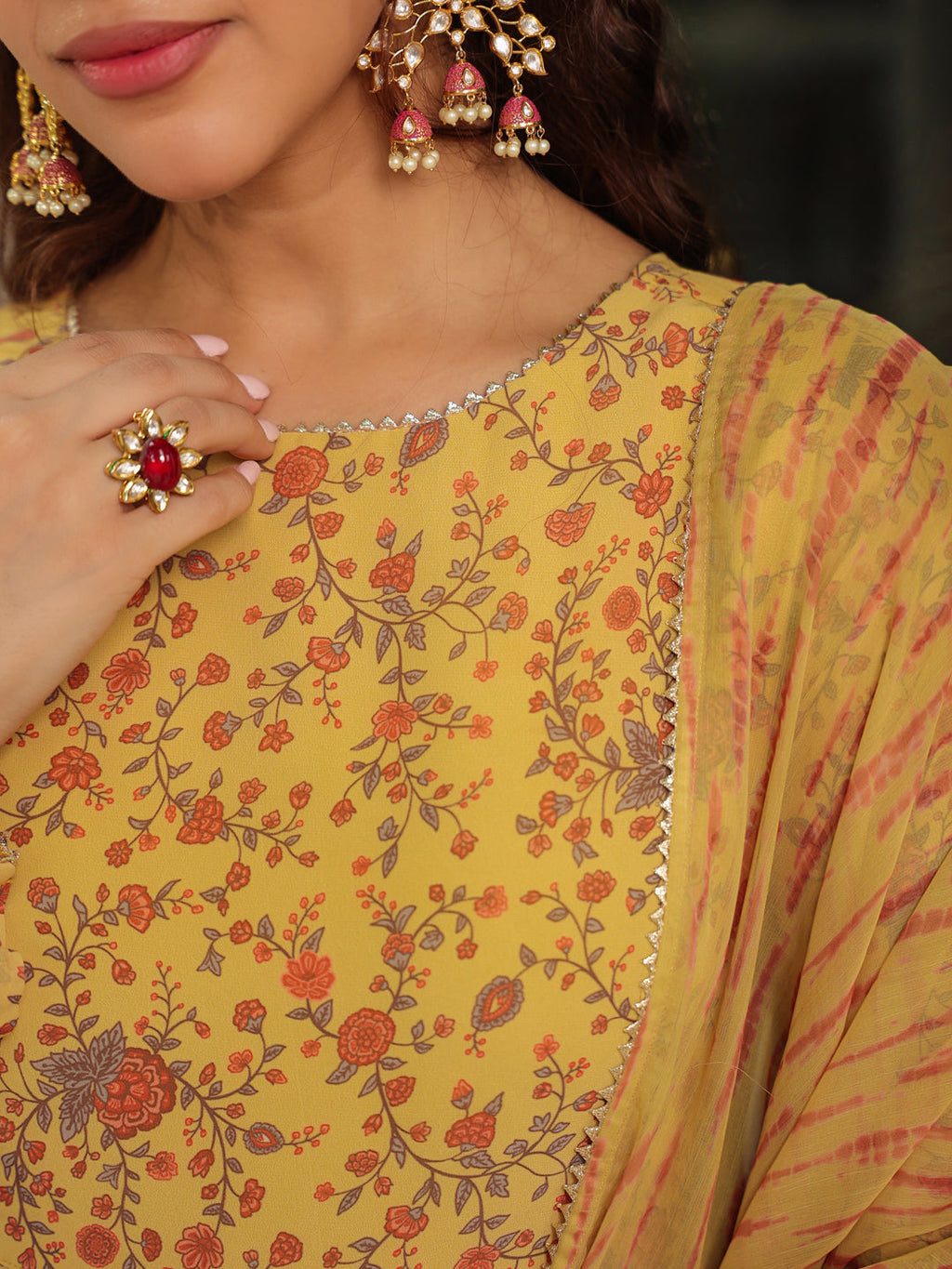 Janasya Mustard Georgette Floral Kurta,Bottom & Dupatta