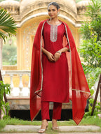 Janasya Dark Chanderi Embroidered Straight Kurta Set - Distacart