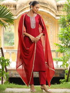 Janasya Dark Chanderi Embroidered Straight Kurta Set - Distacart
