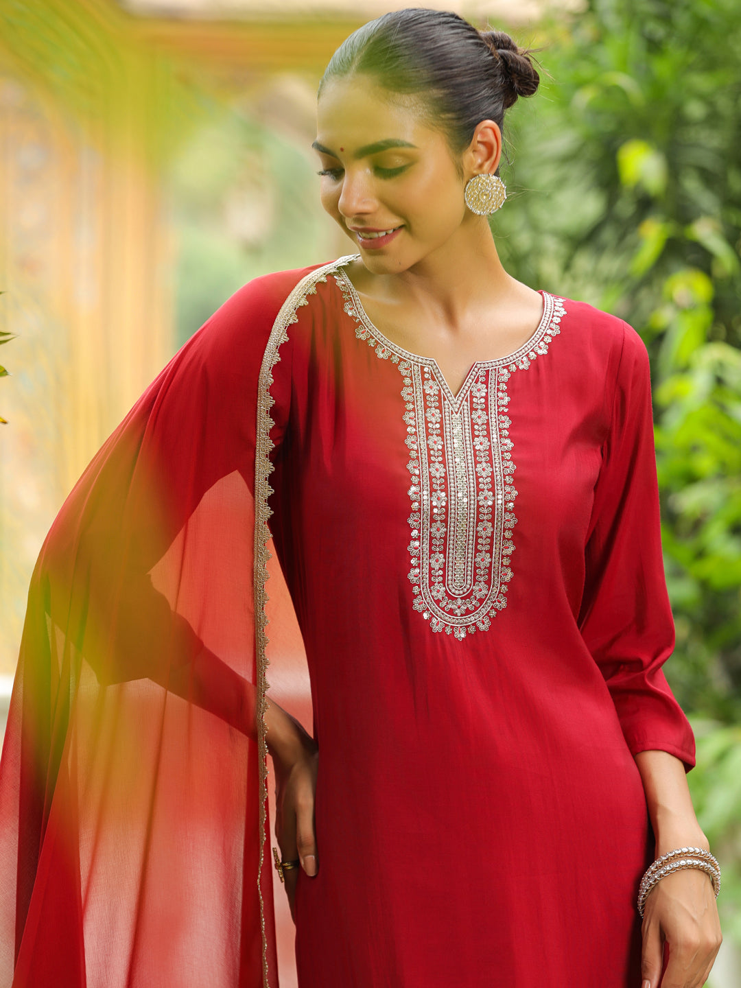 Janasya Dark Chanderi Embroidered Straight Kurta Set - Distacart
