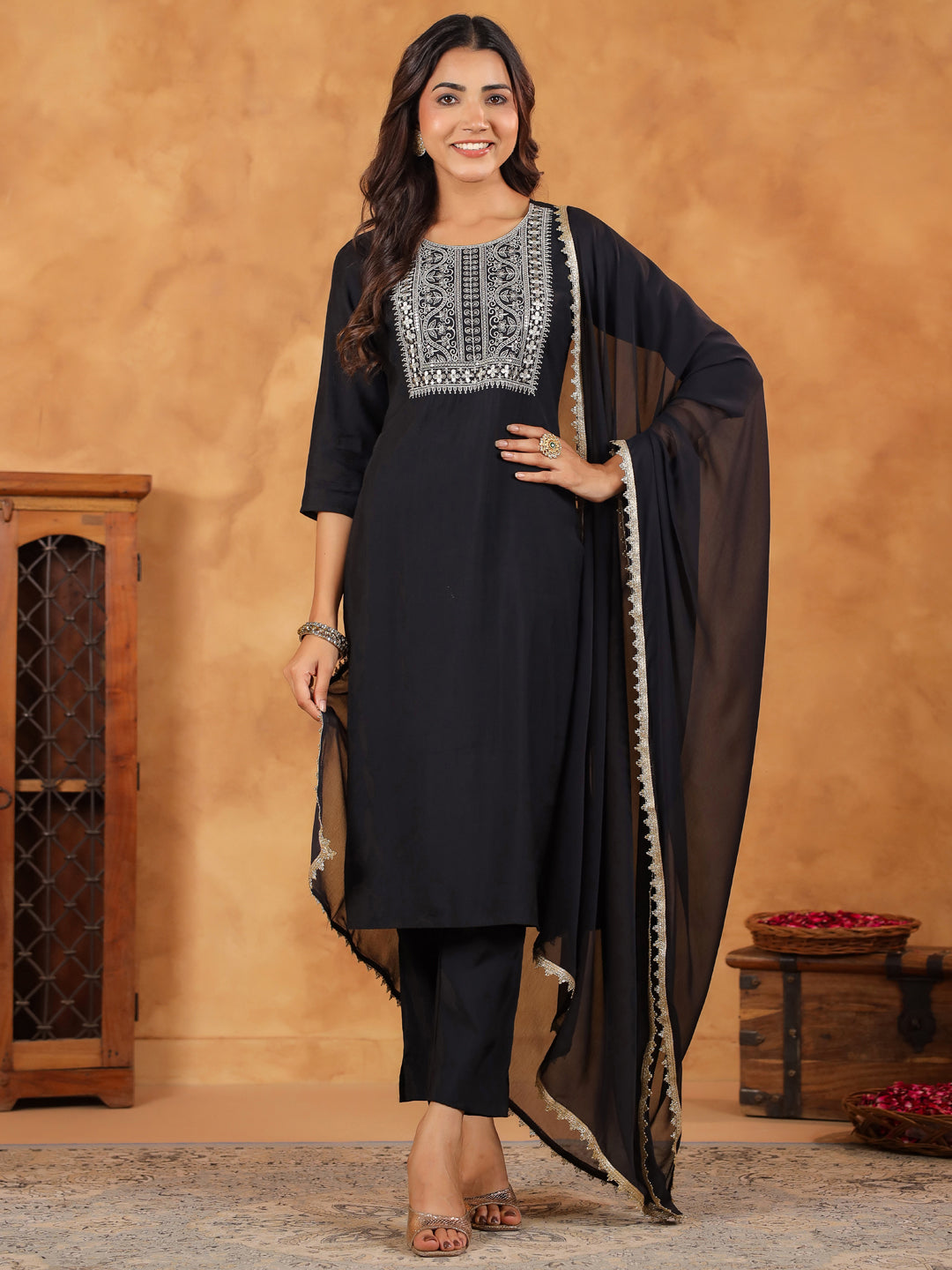 Janasya Dark Chanderi Embroidered Straight Kurta Set - Distacart