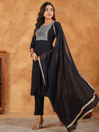 Janasya Dark Chanderi Embroidered Straight Kurta Set - Distacart