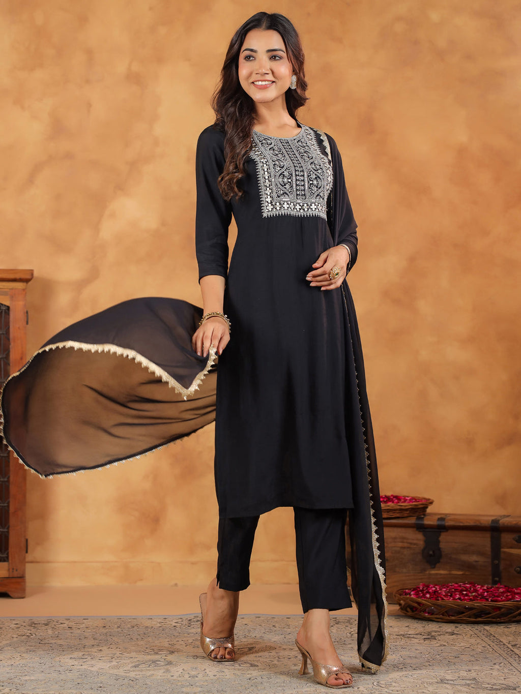Janasya Dark Chanderi Embroidered Straight Kurta Set - Distacart