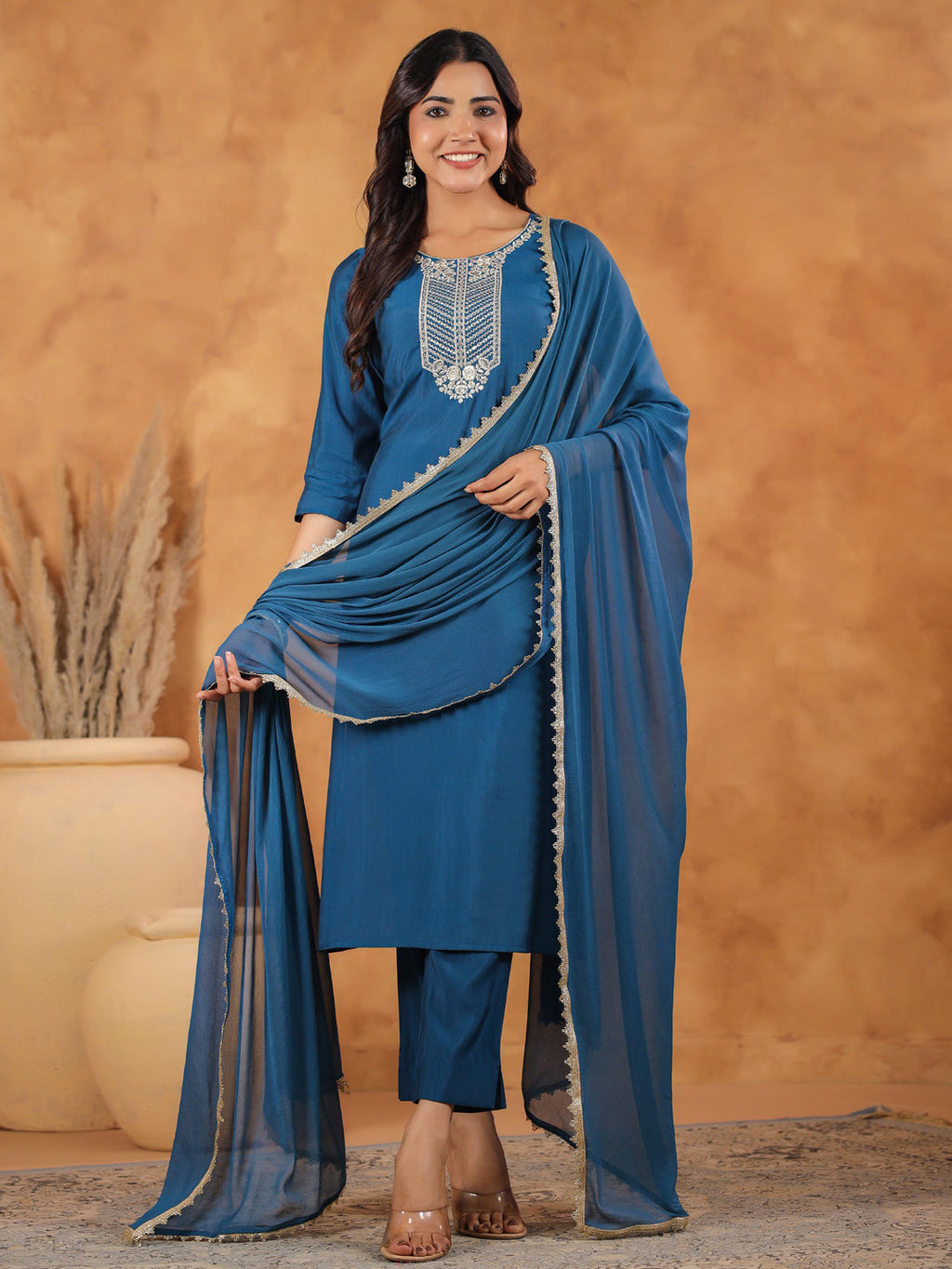 Janasya Dark Chanderi Yoke Embroidery Straight Kurta Set