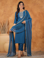 Janasya Dark Chanderi Yoke Embroidery Straight Kurta Set