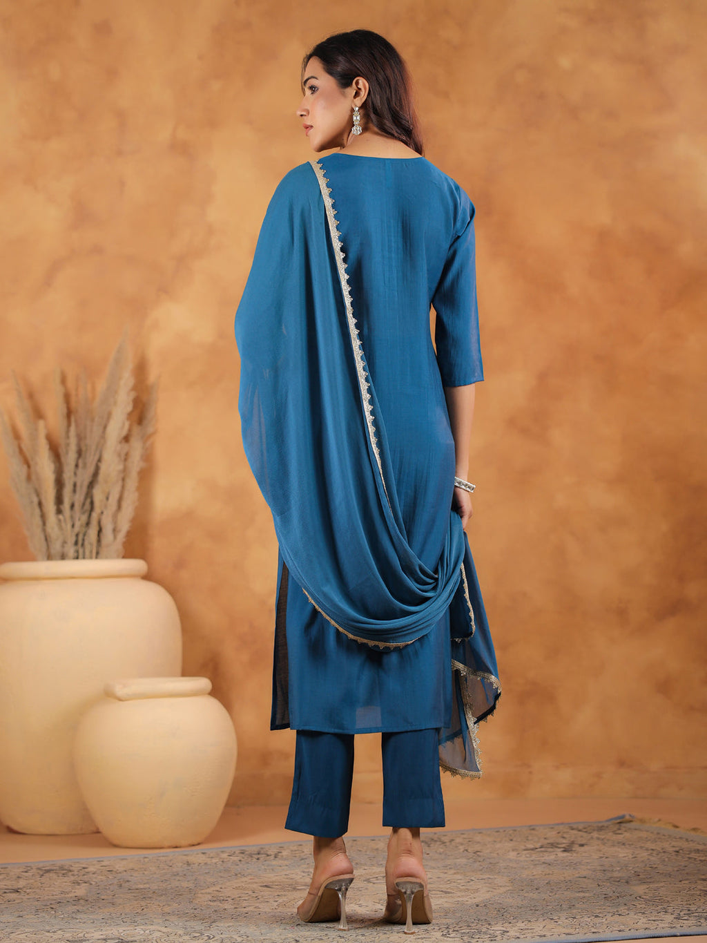 Janasya Dark Chanderi Yoke Embroidery Straight Kurta Set