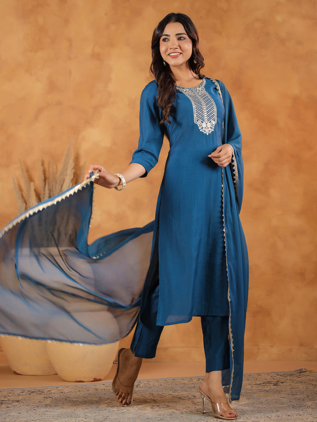 Janasya Dark Chanderi Yoke Embroidery Straight Kurta Set