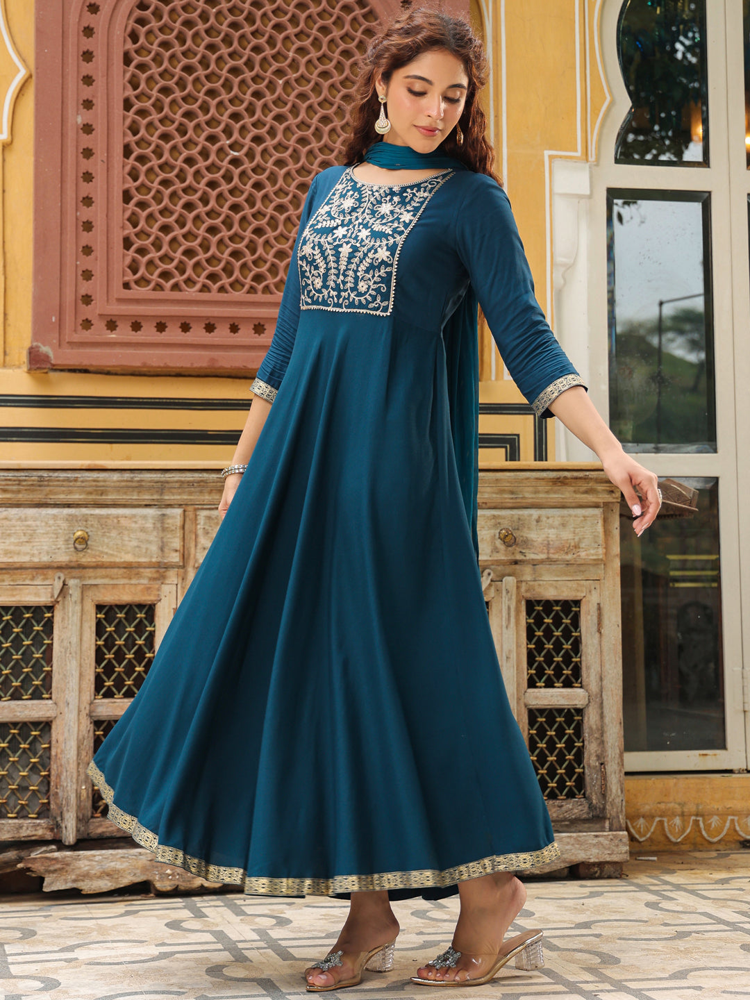 Janasya Dark Rayon Yoke Embroidery Anarkali Kurta Set