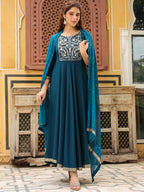 Janasya Dark Rayon Yoke Embroidery Anarkali Kurta Set