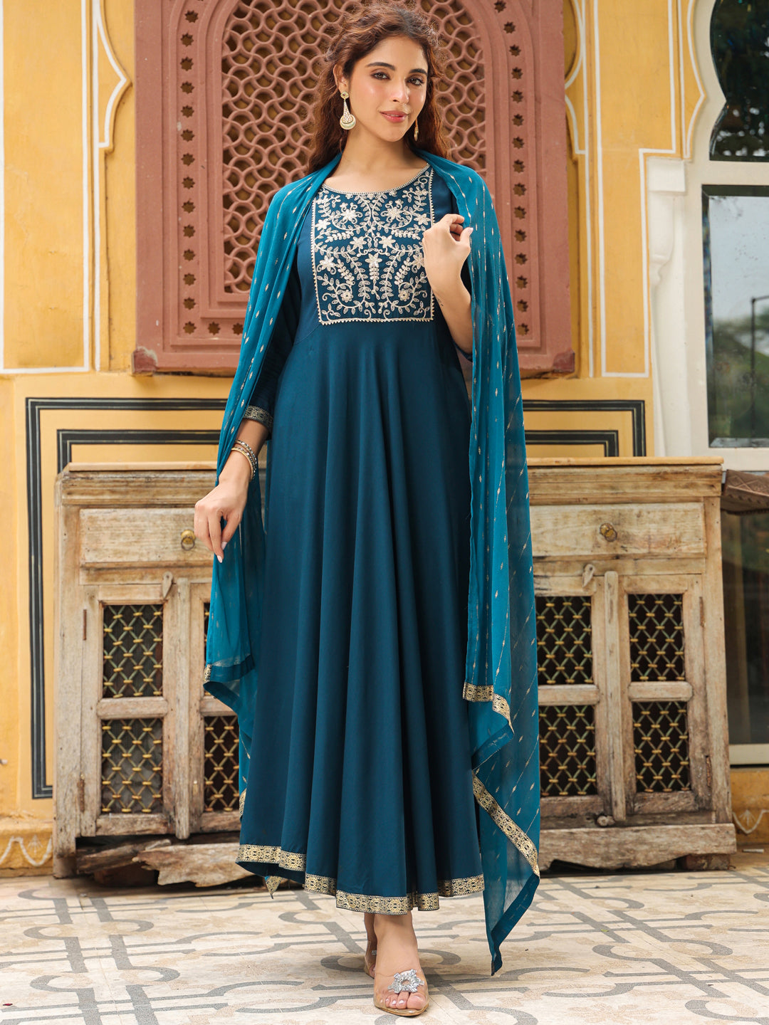 Janasya Dark Rayon Yoke Embroidery Anarkali Kurta Set