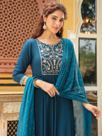 Janasya Dark Rayon Yoke Embroidery Anarkali Kurta Set