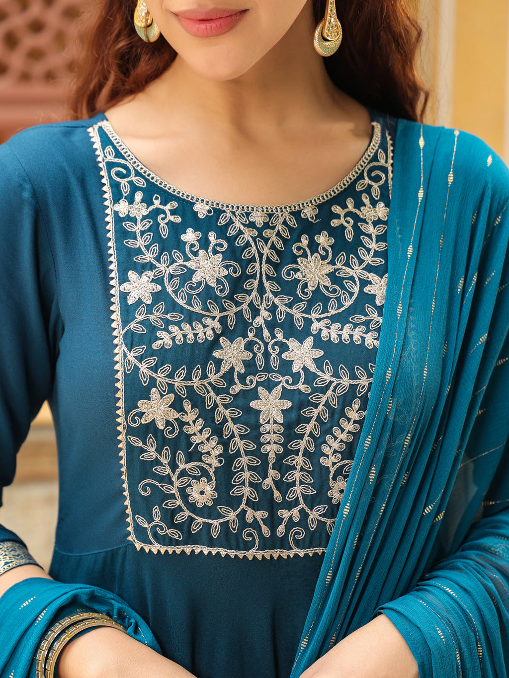 Janasya Dark Rayon Yoke Embroidery Anarkali Kurta Set