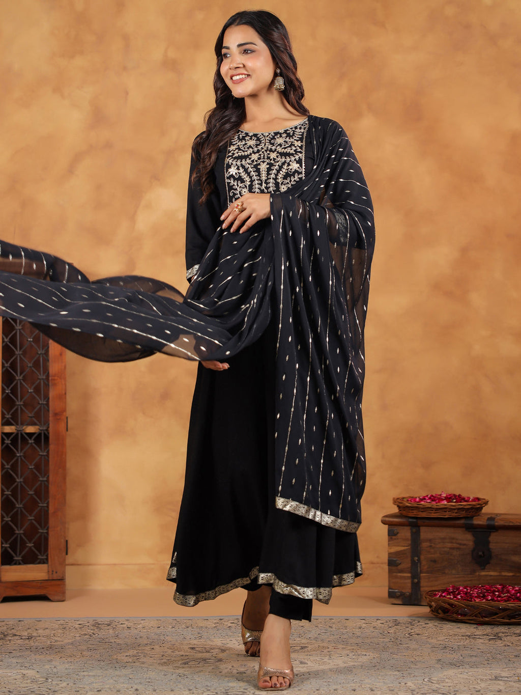 Janasya Black Rayon Embroidered Kurta,Bottom & Dupatta - Distacart
