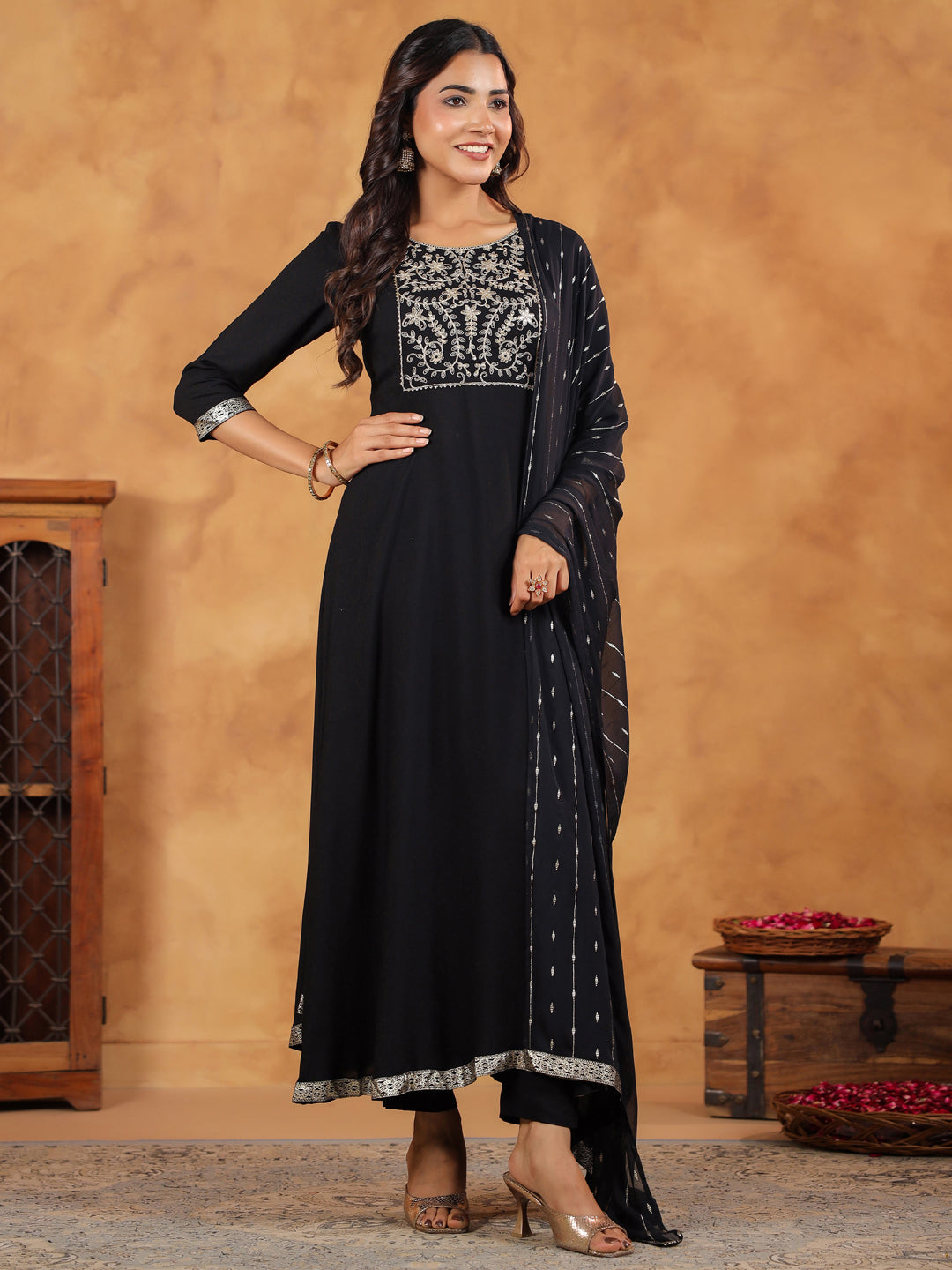 Janasya Black Rayon Embroidered Kurta,Bottom & Dupatta - Distacart