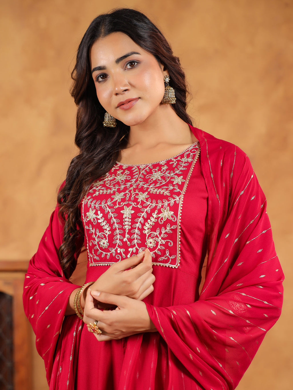Janasya Pink Rayon Embroidered Kurta,Bottom & Dupatta