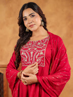 Janasya Pink Rayon Embroidered Kurta,Bottom & Dupatta