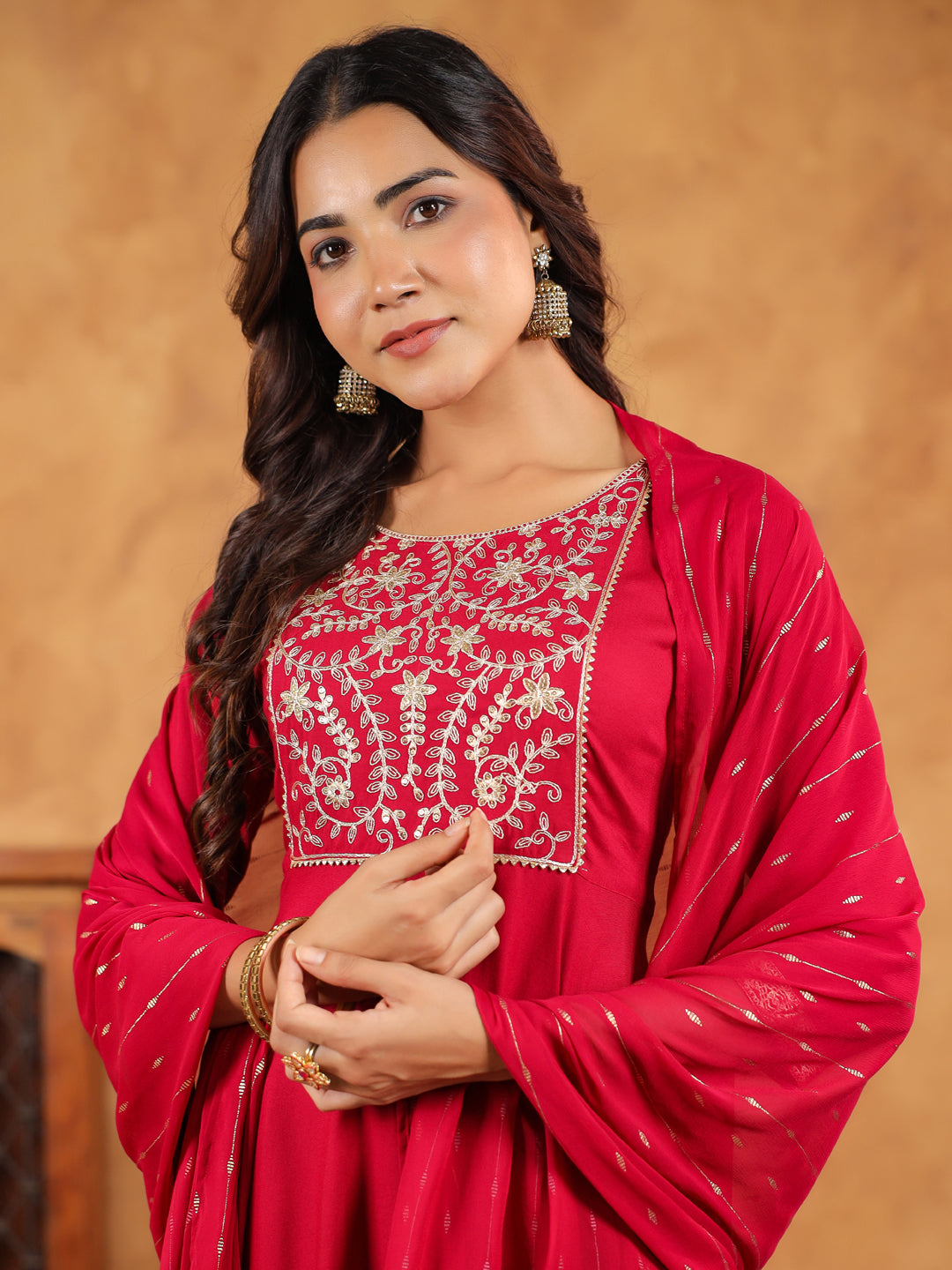 Janasya Pink Rayon Embroidered Kurta,Bottom & Dupatta