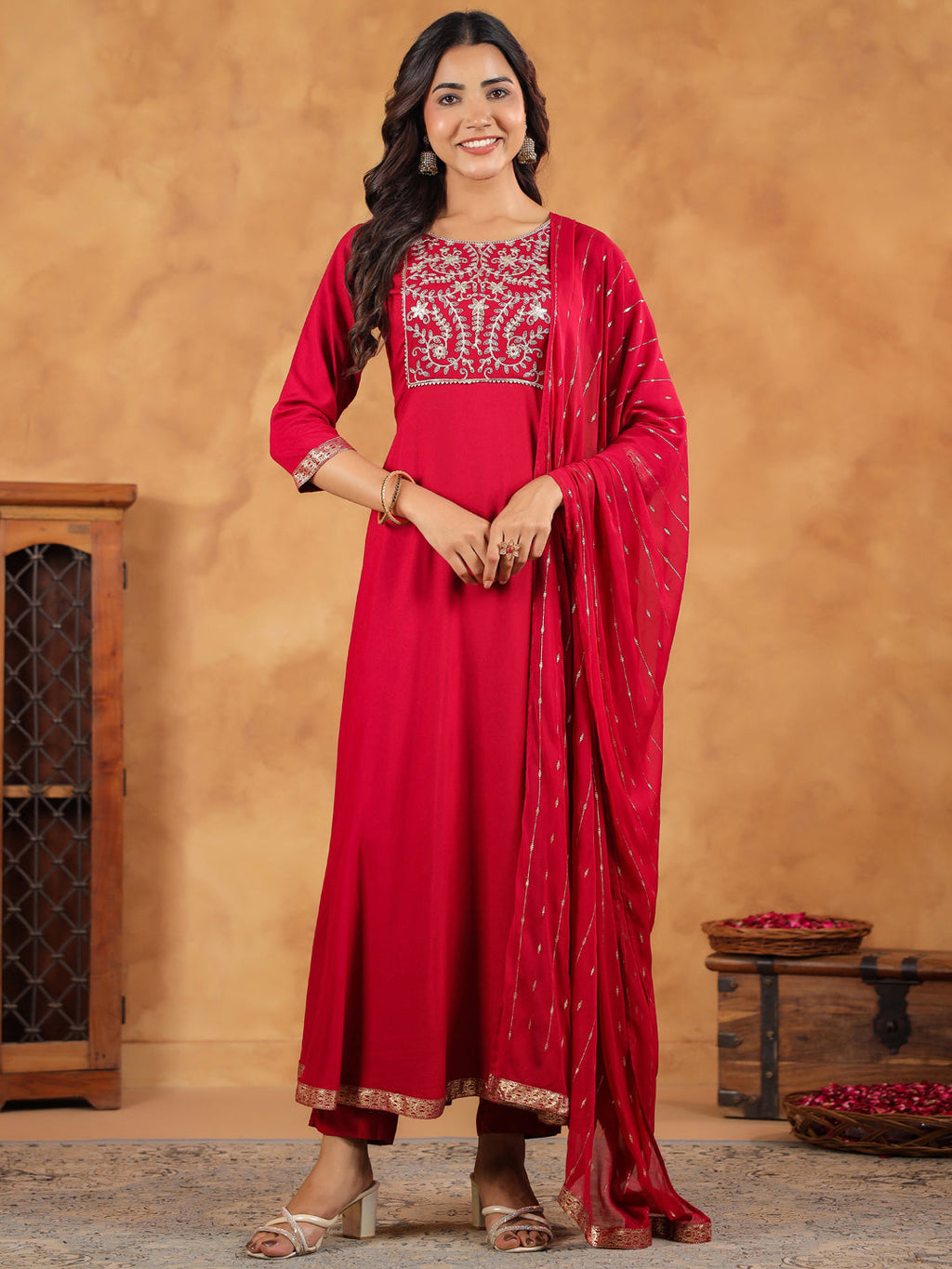 Janasya Pink Rayon Embroidered Kurta,Bottom & Dupatta