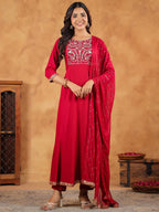 Janasya Pink Rayon Embroidered Kurta,Bottom & Dupatta