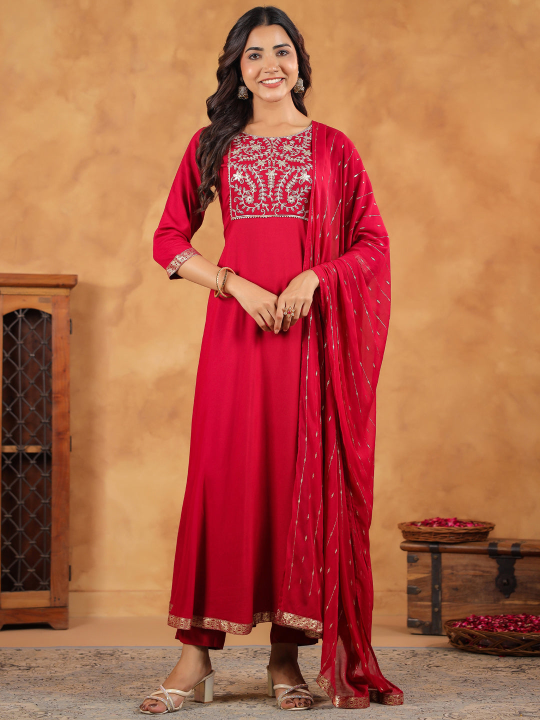 Janasya Pink Rayon Embroidered Kurta,Bottom & Dupatta