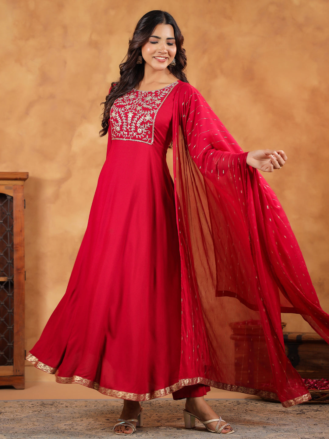 Janasya Pink Rayon Embroidered Kurta,Bottom & Dupatta