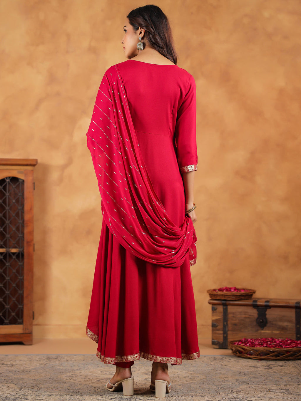 Janasya Pink Rayon Embroidered Kurta,Bottom & Dupatta
