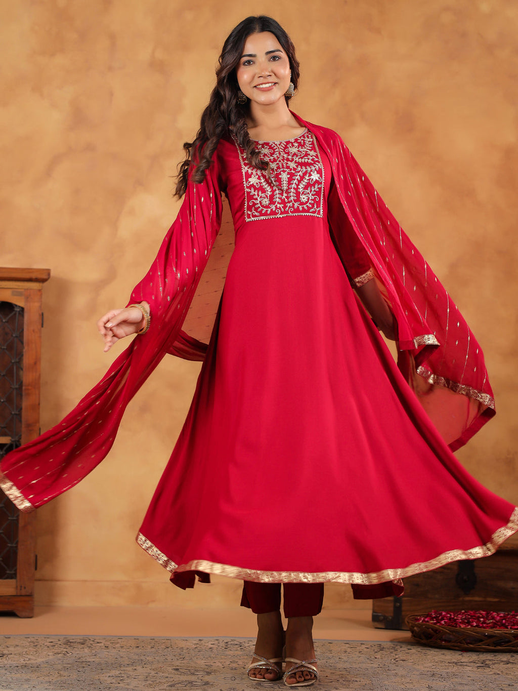 Janasya Pink Rayon Embroidered Kurta,Bottom & Dupatta