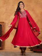 Janasya Pink Rayon Embroidered Kurta,Bottom & Dupatta