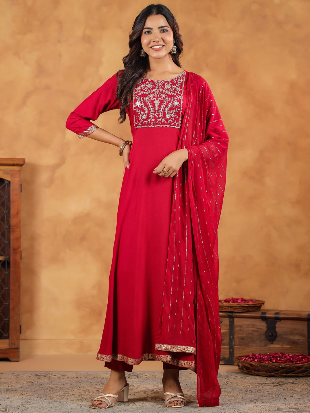Janasya Pink Rayon Embroidered Kurta,Bottom & Dupatta