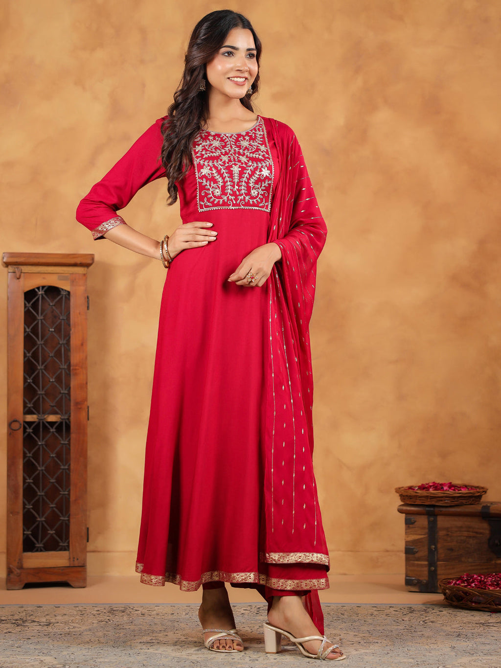 Janasya Pink Rayon Embroidered Kurta,Bottom & Dupatta