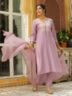 Janasya Lavender Premium Chinnon Embroidered Kurta,Bottom & Dupatta