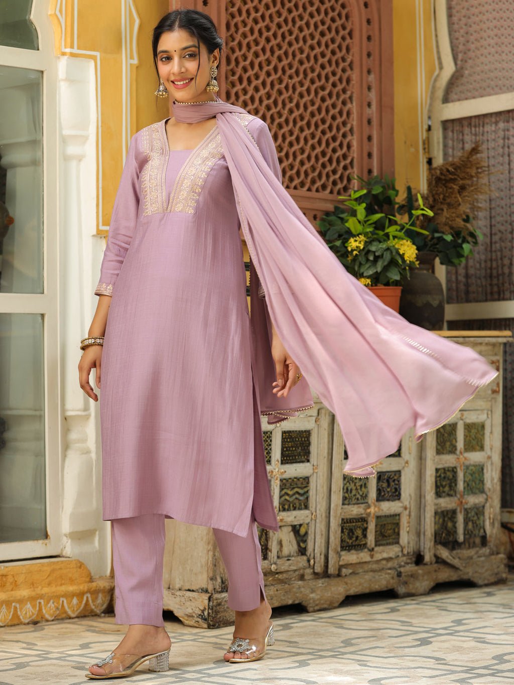 Janasya Lavender Premium Chinnon Embroidered Kurta,Bottom & Dupatta