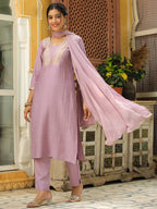 Janasya Lavender Premium Chinnon Embroidered Kurta,Bottom & Dupatta