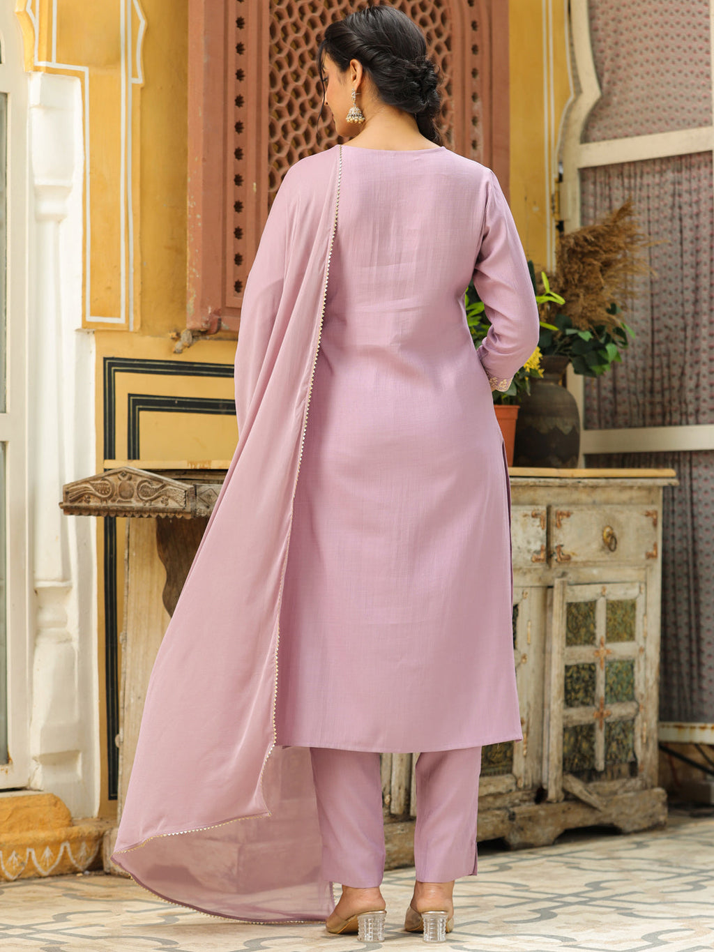Janasya Lavender Premium Chinnon Embroidered Kurta,Bottom & Dupatta