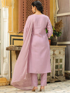 Janasya Lavender Premium Chinnon Embroidered Kurta,Bottom & Dupatta