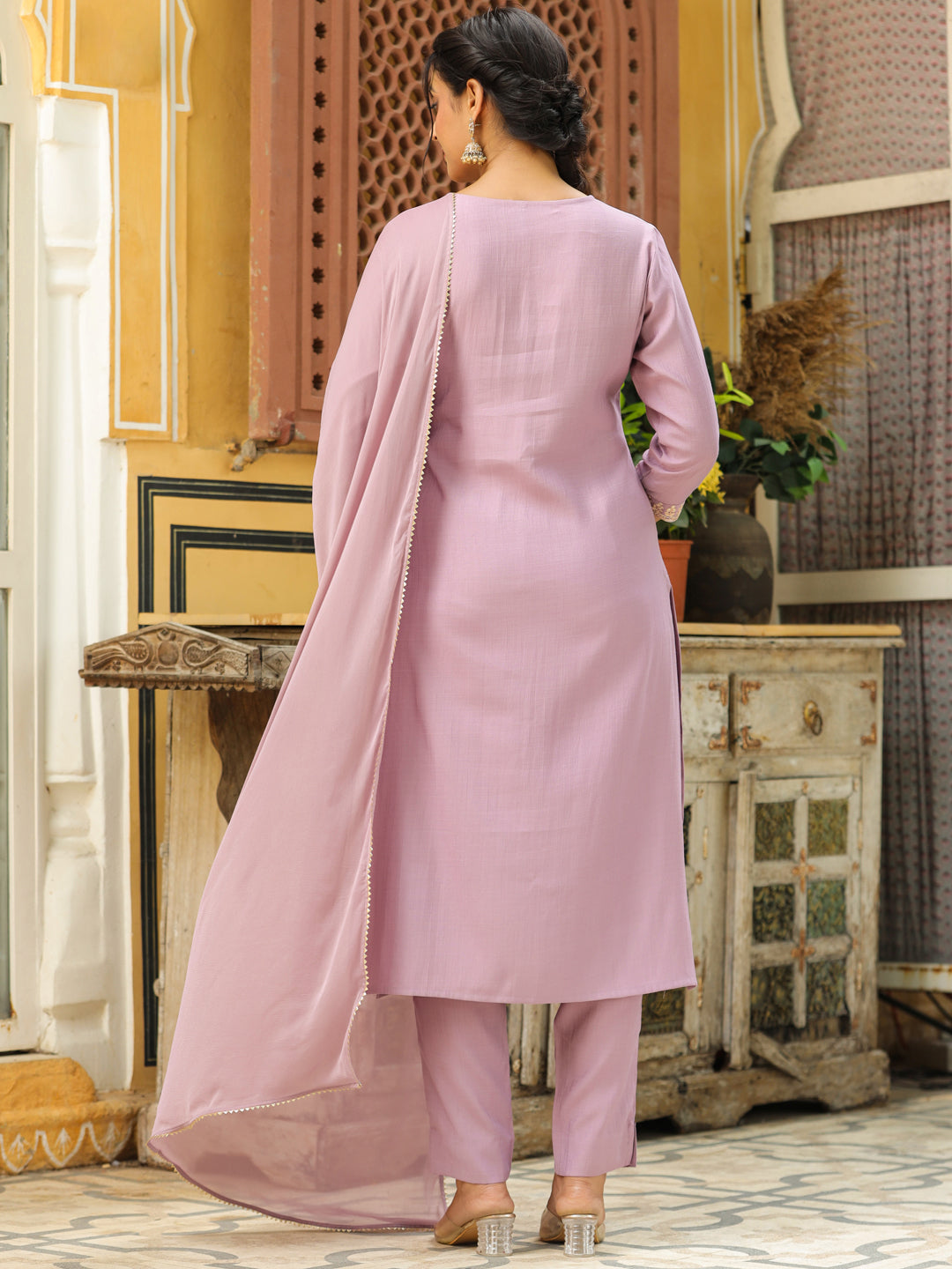 Janasya Lavender Premium Chinnon Embroidered Kurta,Bottom & Dupatta
