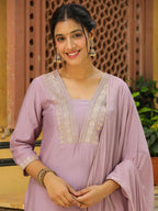 Janasya Lavender Premium Chinnon Embroidered Kurta,Bottom & Dupatta